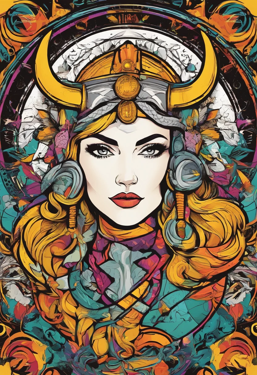 create a logo of a female character that is a viking, looks straight forward, strong, northern mythologi style. Create the character to be inside a circle shape like a coin with rune inscriptions.