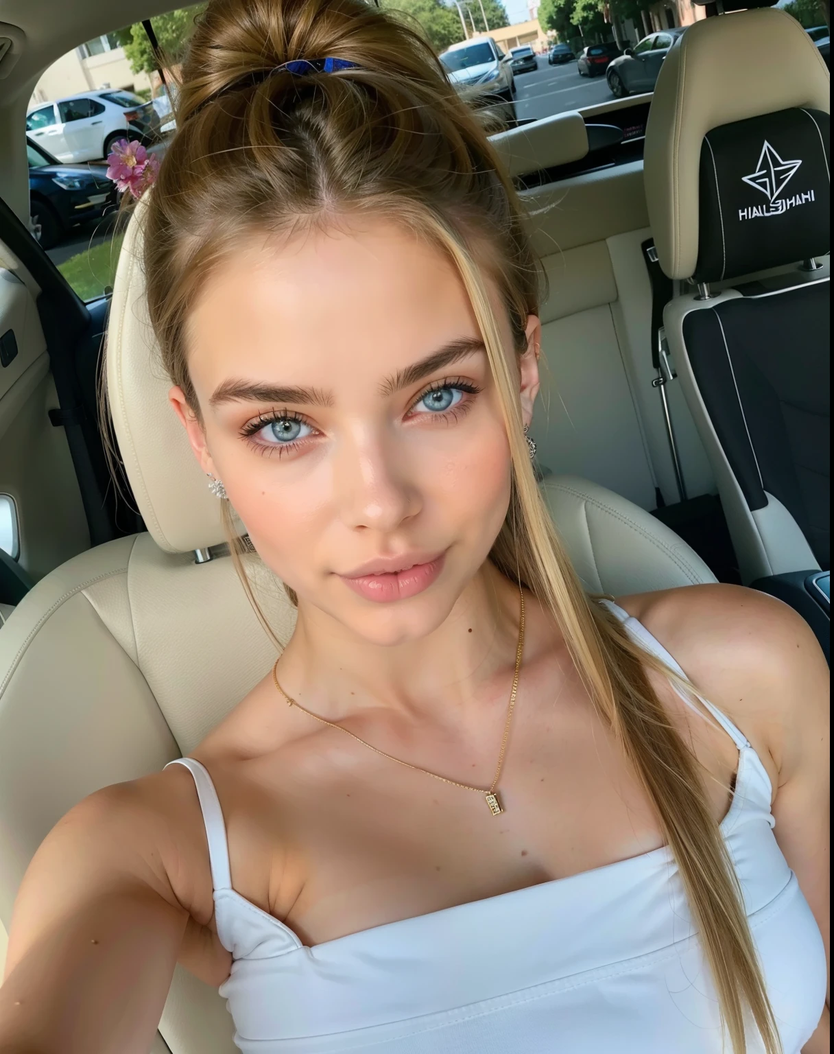 Mujer arafed sentada en un auto con un bolso al hombro., hermosa cara atractiva, Cara extremadamente hermosa, cara perfecta ), cara hermosa y atractiva, Sidney Sweeney, cabello rubio y ojos azules, la mujer mas bella del mundo, muchacha atractiva, hermosa chica modelo, plantilla de instagram, pale, piel brillante, natural soft pale skin, ojos azules y cabello rubio, hermosa modelo femenina