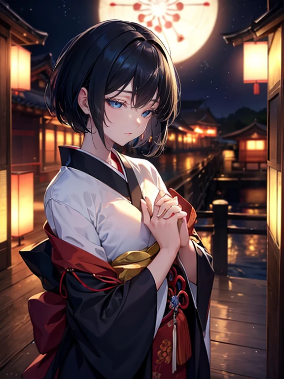 A (masterpiece, of the highest quality, ultra-detailed), featuring a beautiful girl with short black and navy hair, finely sculpted facial features, eyes closed, and fair skin, adorned in a traditional Japanese kimono, with sparkling eyes, in the ((night)), amidst a darkened environment, in a praying pose with hands clasped at a quiet and sacred shrine, in profile.