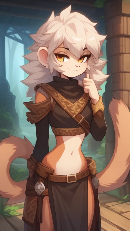 Best quality, Super detailed illustration, (1 girl:1.2), (fluffy monkey:1.4) , feminine face and body, disheveled thick hair, Bandit Clothing,  smug smile, Half-closed eyes , Femboy, small waist, wide hips, Slim, Perfect body, DND style