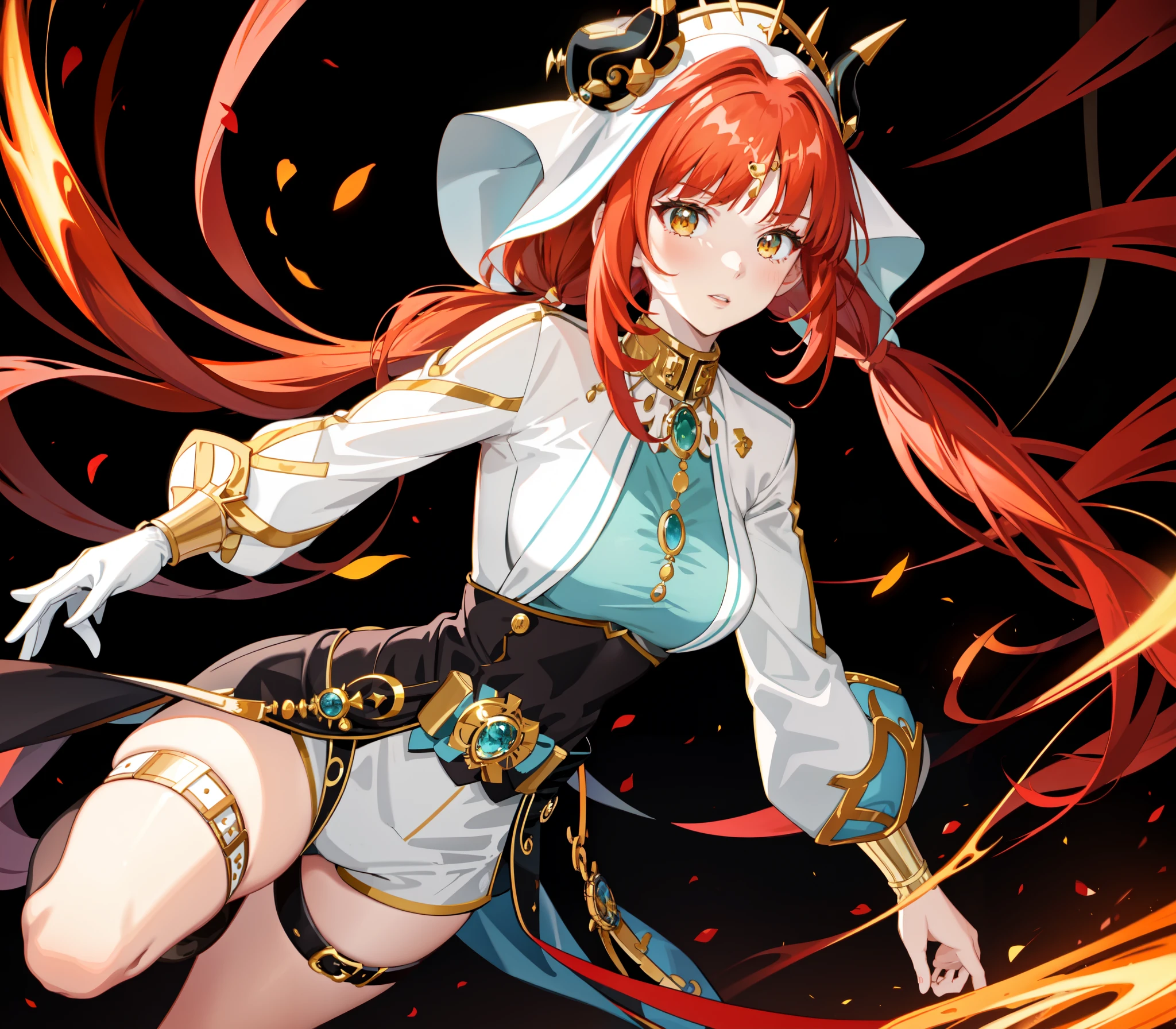 Young girl, long red hair, yellow eyes, white and red Chinese dress, tight dress, tight sleeves, tights, shorts, Chinese sword, masterpiece, high quality