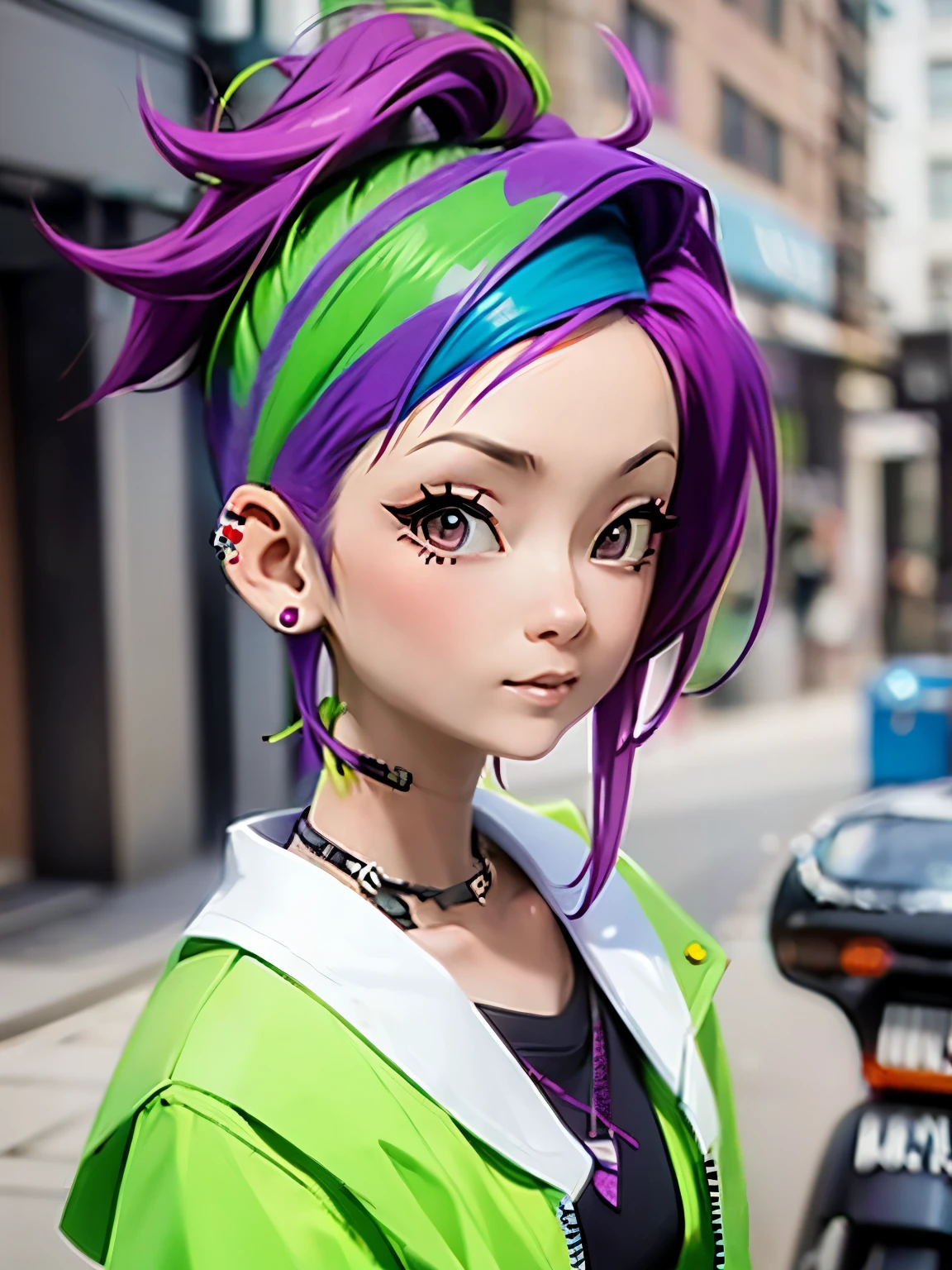 (Chiaki), Mohawk mowing, Side Cropped Hair, green hair, purple side hair, 1 girl, earrings, white face, undercut, London Punk Fashion, small breasts,