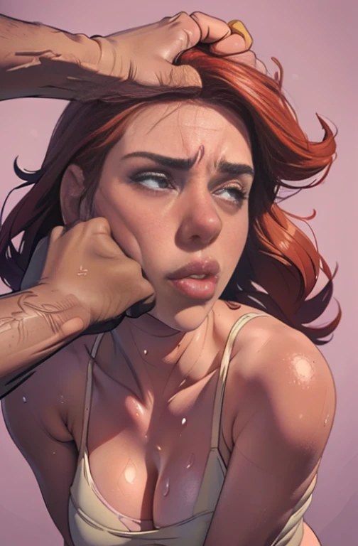 ((Scarlett Johansson)), High school, brown short hair, big breasts, thick thighs, white panties, pulling panties up, skinny, (((she is brutally slapped in the face by a big penis:1.2))), (((hit in cheek))), (((woman body view:1.2))), ((panty))), (((women beaten by realistic horse’s penises))), (((penis deformed by the violent impact:1.2))), (((sweaty skin)))