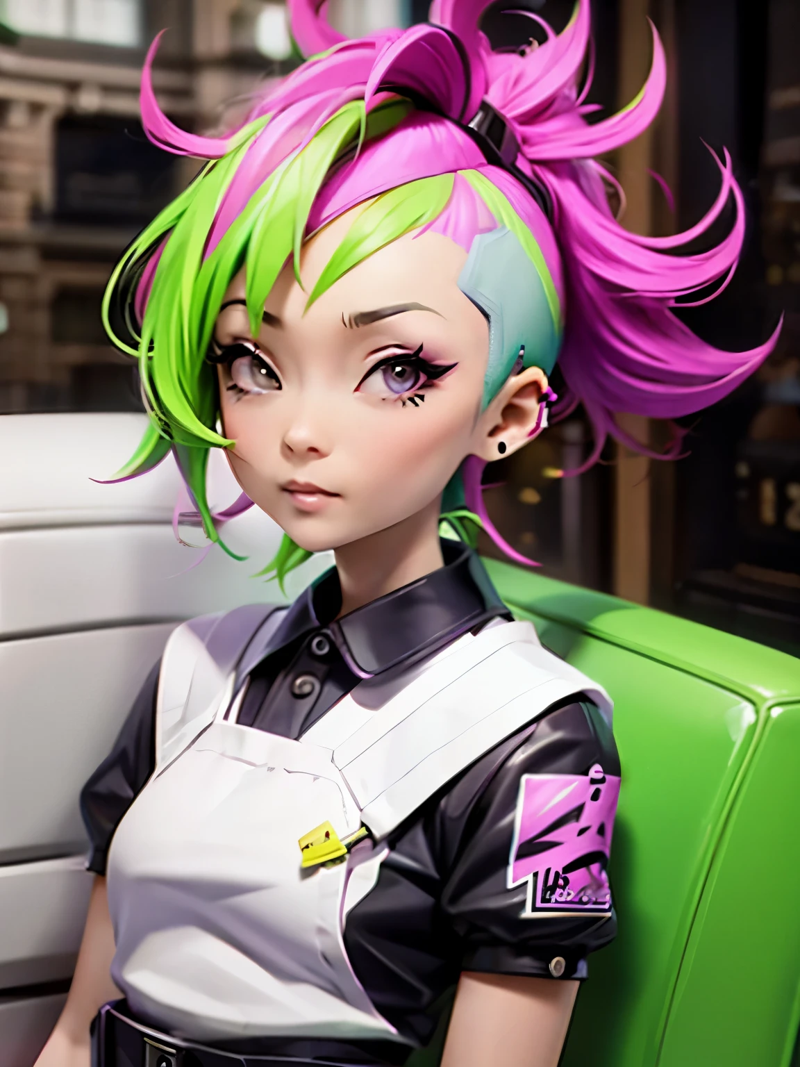 (Chiaki), Mohawk mowing, Side Cropped Hair, green hair, purple side hair, 1 girl, earrings, white face, undercut, London Punk Fashion, small breasts,