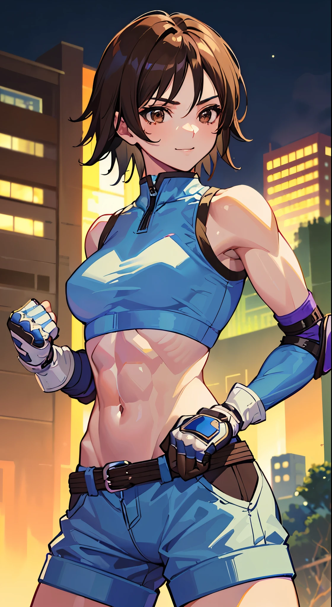 "(masterpiece、premium quality:1.2)、alone、1 girl(Asuka Kazama、muscular woman、short brown hair、white skin、brown eyes)、cowboy shot、smile、battle preparation、tight clothes、good for sports、crop top、shorts、(gloves:1.1)、internal、elbow pad、abdomen、trained abdominal muscles、trained biceps、(group of buildings:1.2)、night view