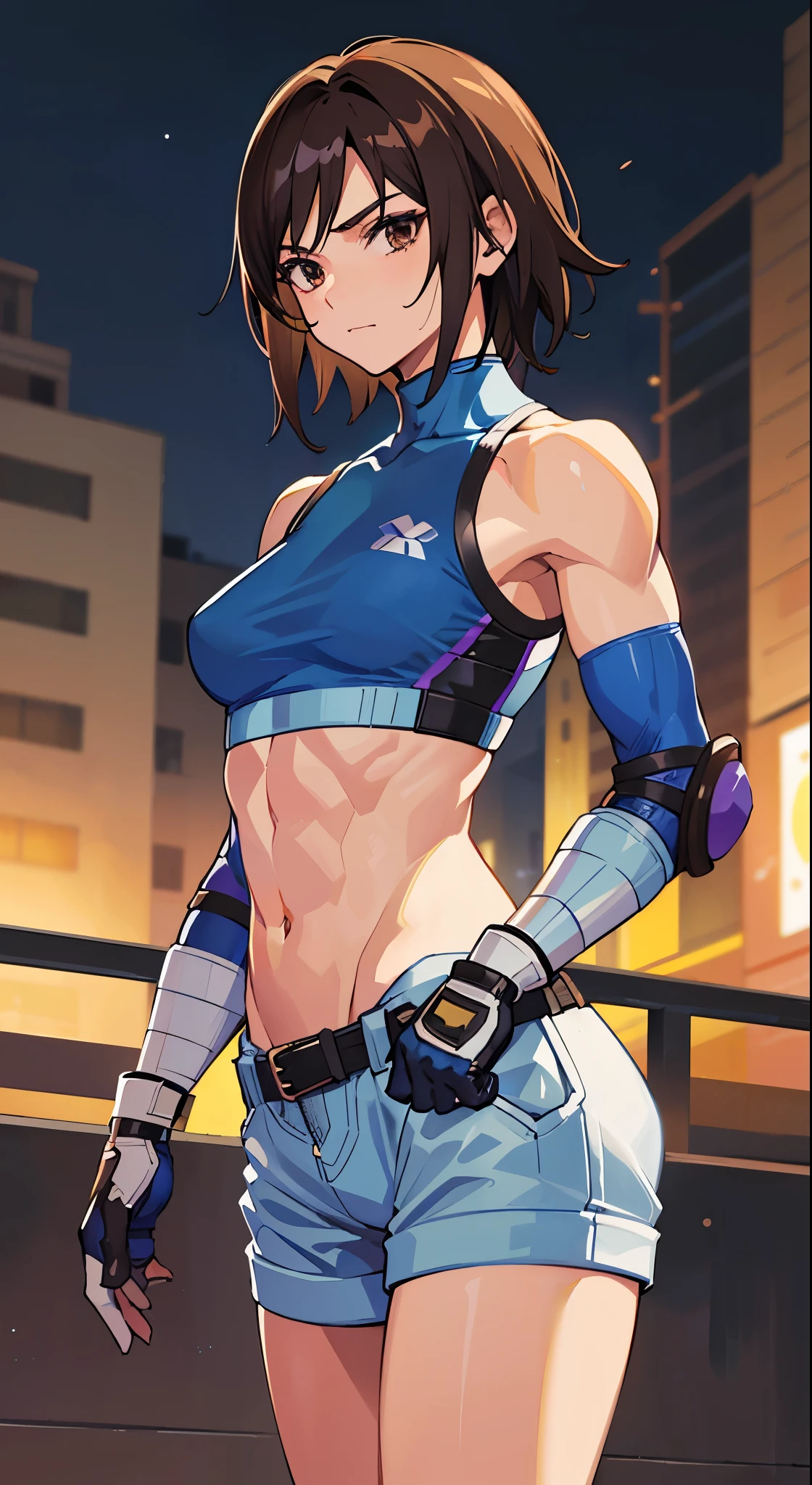 "(masterpiece、premium quality:1.2)、alone、1 girl(Asuka Kazama、muscular woman、short brown hair、white skin、brown eyes)、cowboy shot、faint smile、put your hand on your waist、tight clothes、good for sports、crop top、shorts、(gloves:1.1)、internal、elbow pad、abdomen、trained abdominal muscles、trained biceps、(group of buildings:1.2)、night view