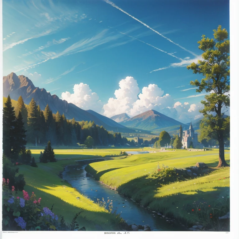 landscape， outdoor， nobody， cloud， forest，mountains， river，windmill，castle
