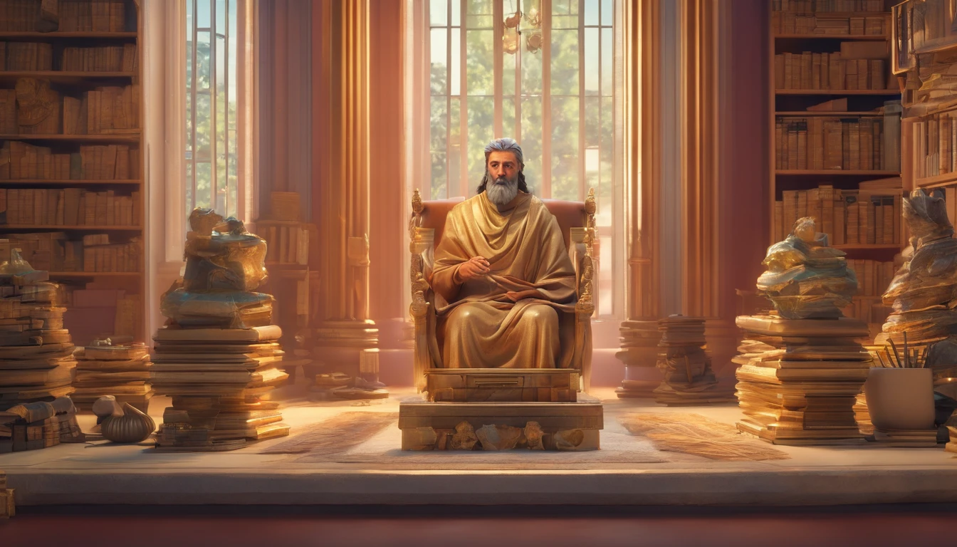 A person (Stoic philosophers) looking confused, surrounded by clutter.