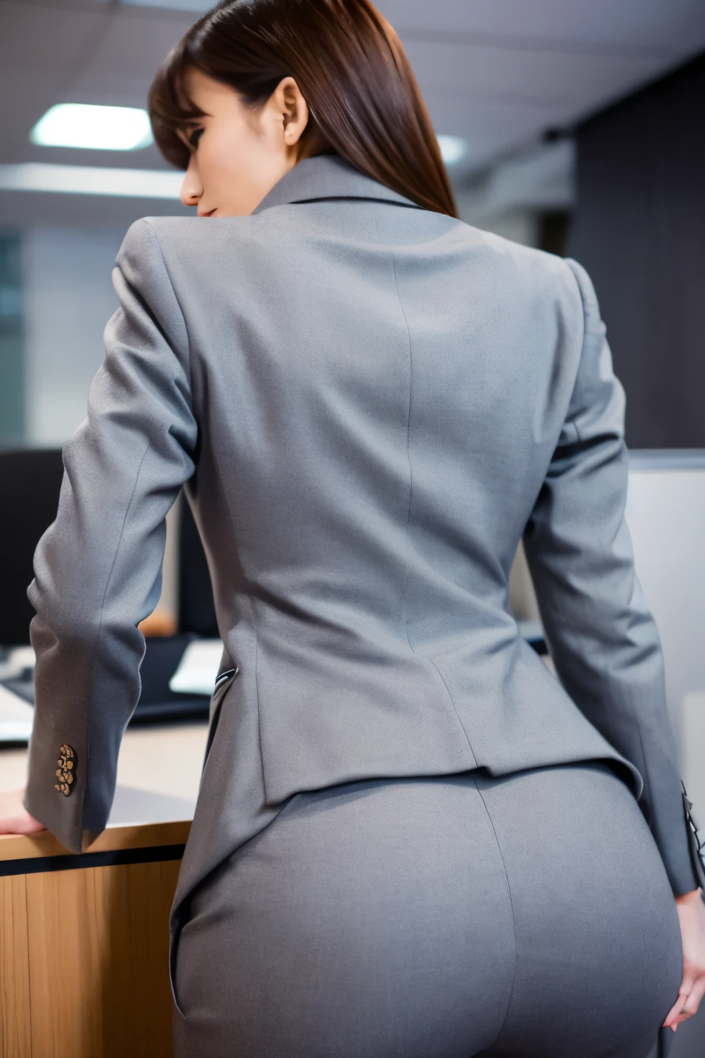 (Best quality, 8k, 32k, Masterpiece, UHD:1.2), 1girl, Skinny Japanese woman, very thin waist, grey suit, open jacket, office lady, suit, pants, from behind, office room, desk,  (stick out one's buttocks:1.2), detailed face, looking at viewer