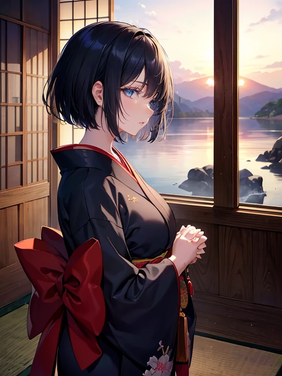 A (masterpiece, of the highest quality, ultra-detailed), featuring a beautiful girl with short black and navy hair, finely sculpted facial features, eyes completely closed, and fair skin, adorned in a traditional Japanese kimono, with sparkling eyes, in the ((morning)), in a praying pose with hands clasped at a quiet shrine, in profile, in a side shot.