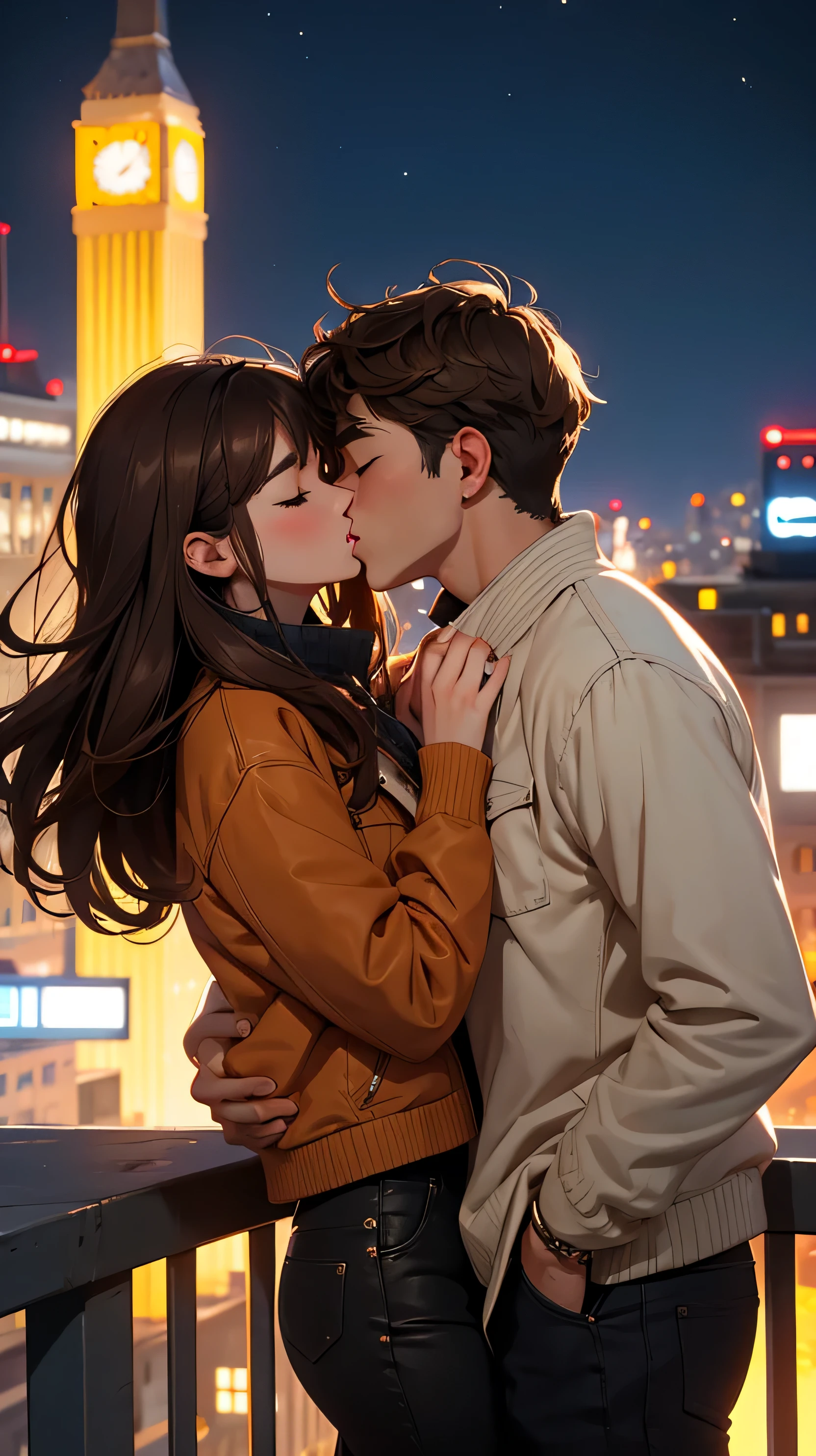 1 male and 1 female , brown hair, kissing , night city on top of buildings, closed eyes , hands in pocket