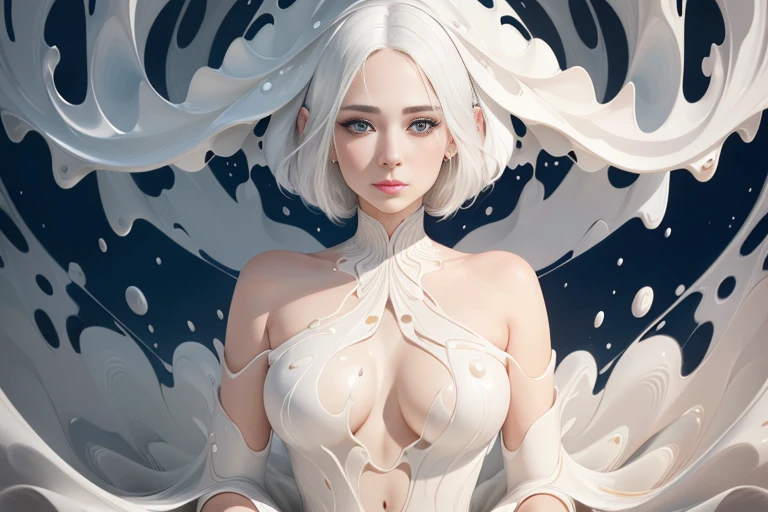 A young woman with white hair sitting inside a shell, Perfect proportions, (proportional face, detailed eyes, eye correction), emotions and feelings, ((More liquid paint splashes)), (Abstract art:1.6), (Delicate images), (Photorealistic: 1.4), (Highly detailed), (high resolution), (Best quality), (masterpiece)