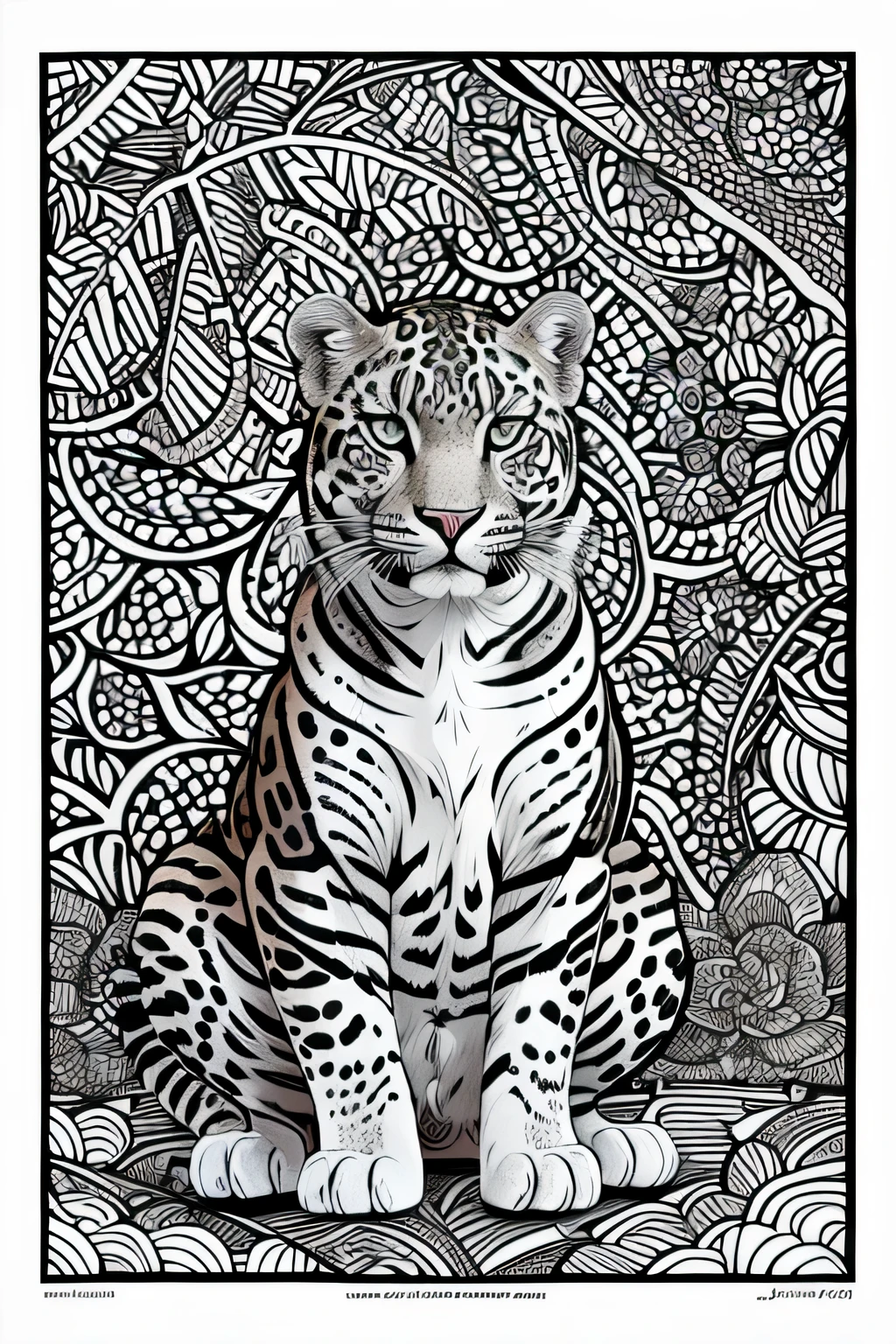 adult coloring book, cartoon, Jaguar (Panthera onca), intricate details, advanced patterns, black and white