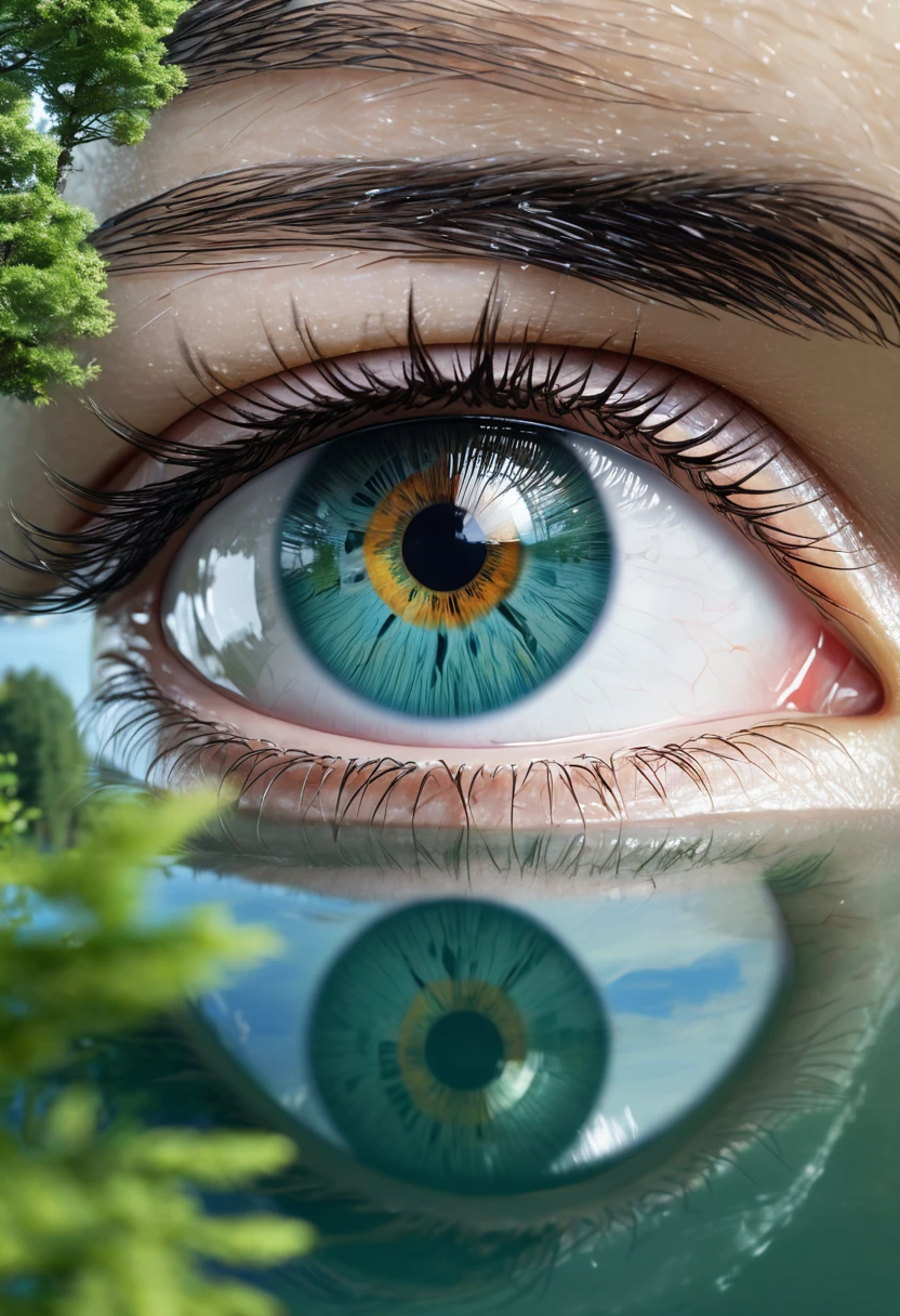 Masterpiece, best quality, {best quality}, {{masterpiece}}, {highres}, focus, anime style, a closeup of a human eye with a reflection of a lake and trees visible in the eye