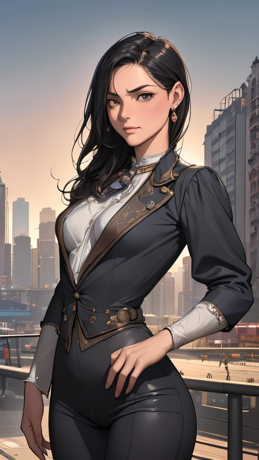 (masterpiece:1.3), (disorganized:1.3), (highest quality:1.3),(perfect anatomy),detailed face,Steam punk, Victorian era,Hong kong,Kowloon,horizontal angle,hands,(looking at viewer), (Super detailed:1.3),(best shadow:0.7), solo,1 middle age woman around 40 years old,saggy small breast,(treated hair), black hair,pulled back hair,fine eyes, beautiful eyes, 1 middle age woman, ((small breast)),pilot,co-pilot,alone, standing, crystal earrings,closed_mouth, arm_behind_return, (cover all), rest outdoors, intimidating pose,cowboy shot