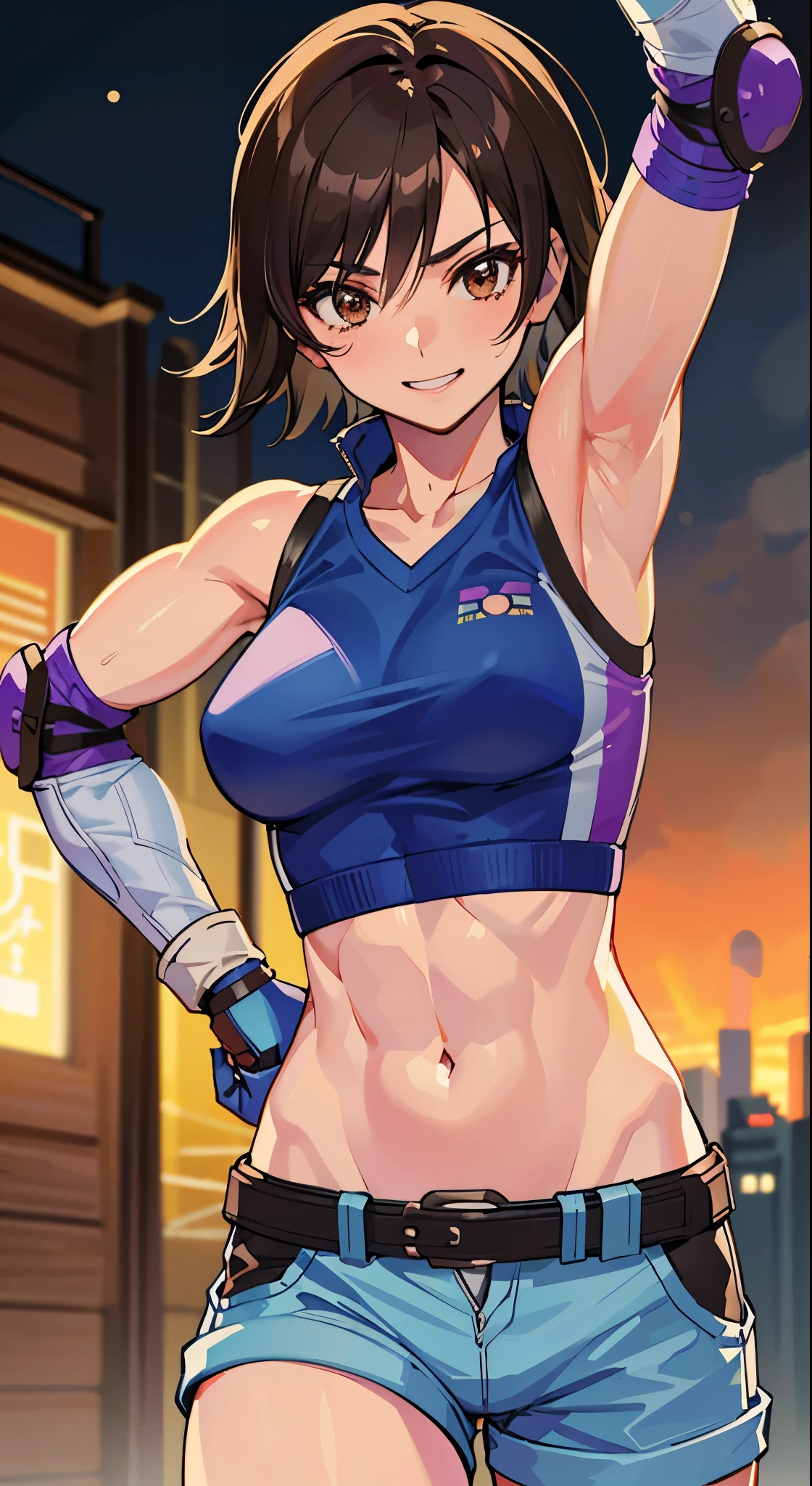 "(masterpiece、premium quality:1.2)、alone、1 girl(Asuka Kazama、muscular woman、short brown hair、white skin、brown eyes)、cowboy shot、smile、put your hands on your hips、tight clothes、good for sports、crop top、shorts、(gloves:1.1)、internal、elbow pad、abdomen、trained abdominal muscles、trained biceps、(group of buildings:1.2)、night view