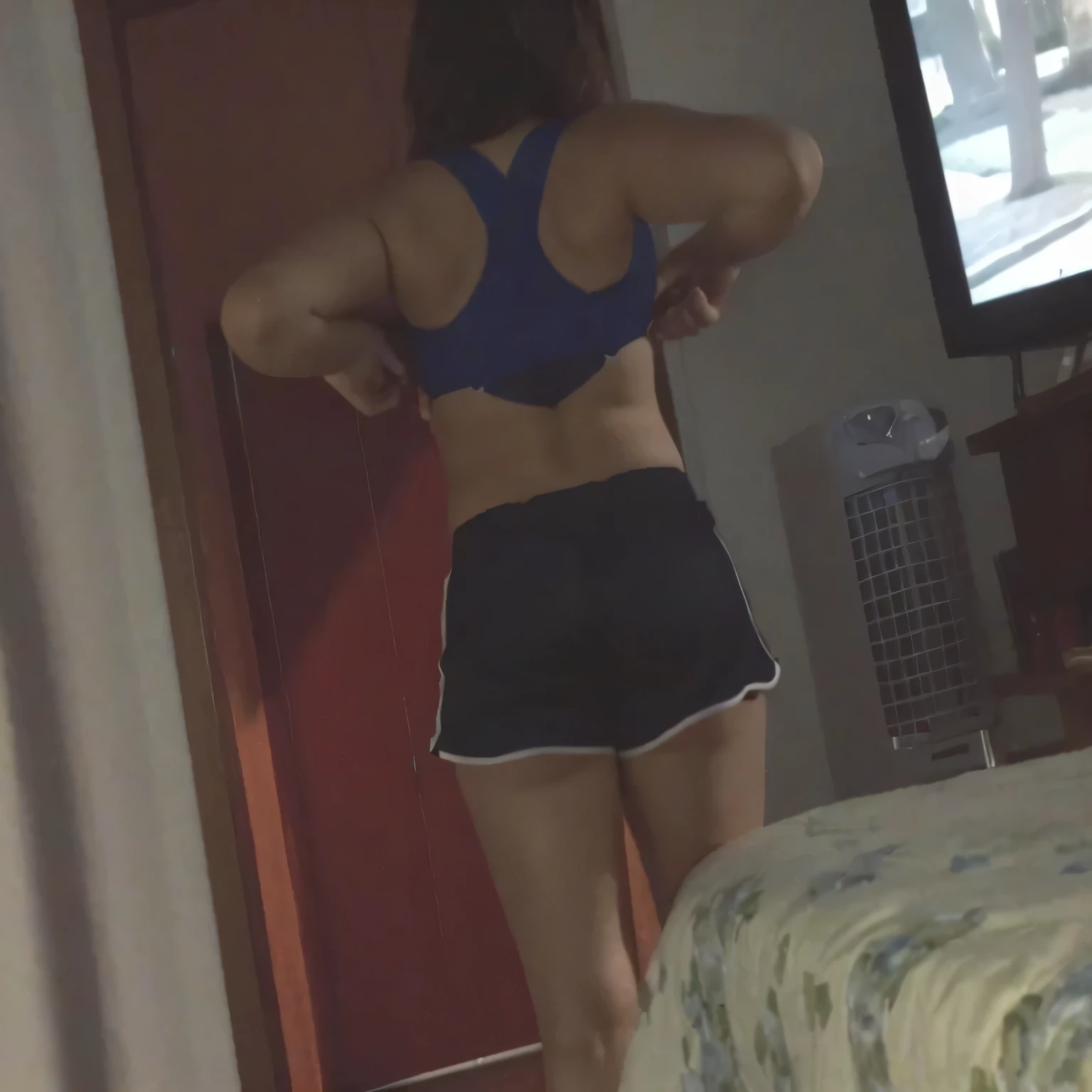 araffe woman in blue bikini standing in bathroom, seen from back, view of the back, (38 anos), picture from behind, Backview, voltar - ver, Photo taken from behind, photo from behind, viewed from behind, photographed from the back, tiro pelas costas, viewed from behind, 3 0 anos mulher