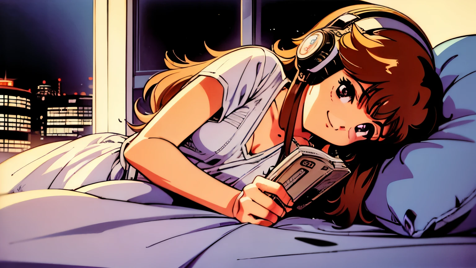 Girl, headphones, inside the house, on the bed, listening to music, night view from the window, smiling, long hair, 80S, City Pop, City Hunter-like, Tsukasa Hojo-like, night,reading book