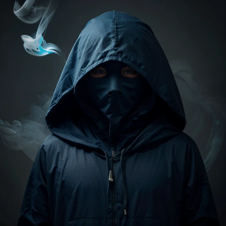 Dark blue hooded ghost made of flowing smoke with no face and only flowing cyan eyes