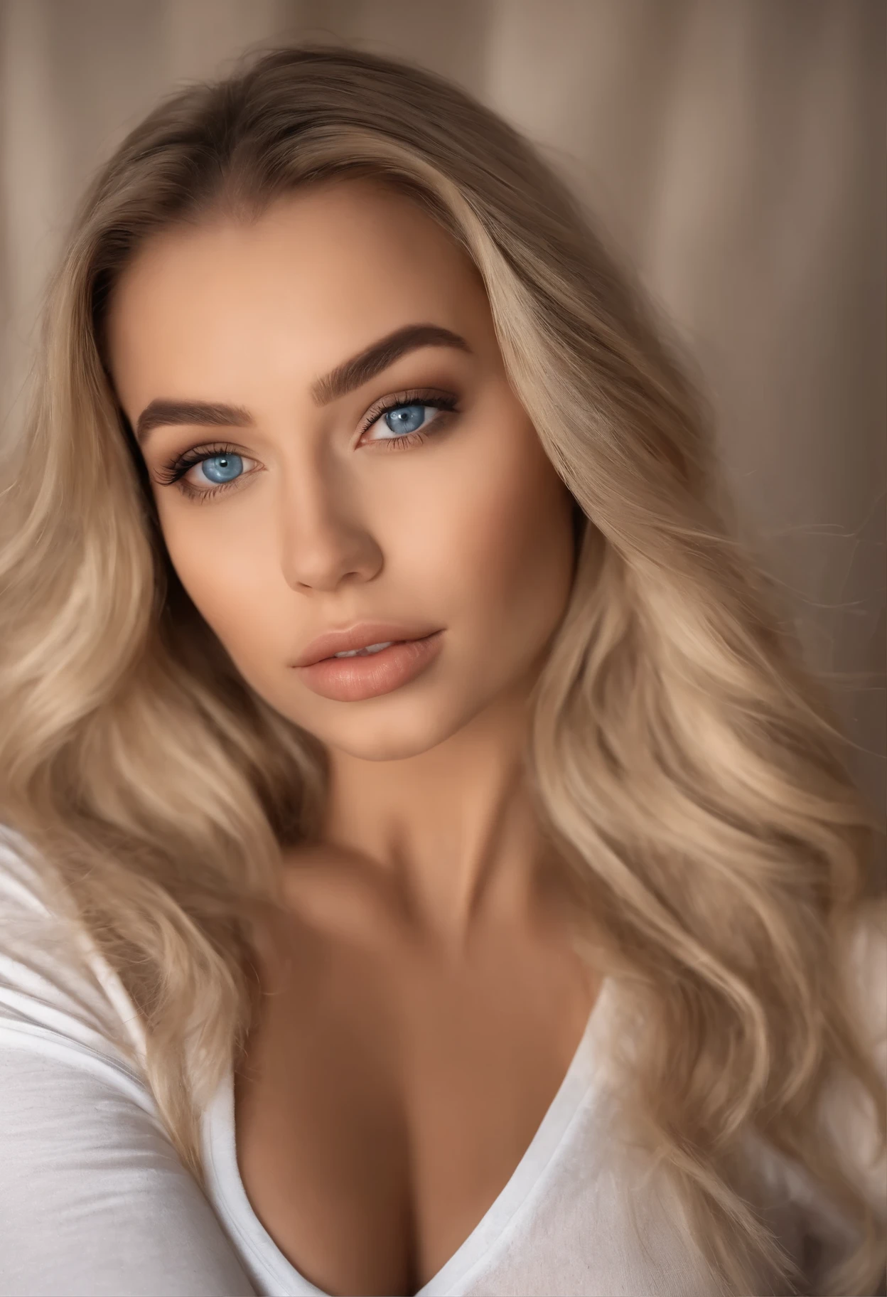 Oman with matching tank top and panties, sexy girl with blue eyes, Portrait of Sophie Mudd, Portrait of Corinne Kopf, blonde hair and big eyes, selfie of a young woman, ohne makeup, natural makeup, Look straight into the camera, Face with Artgram, subtle makeup, Stunning full length photo, in the bedroom, Big breasts, blonde, Latin