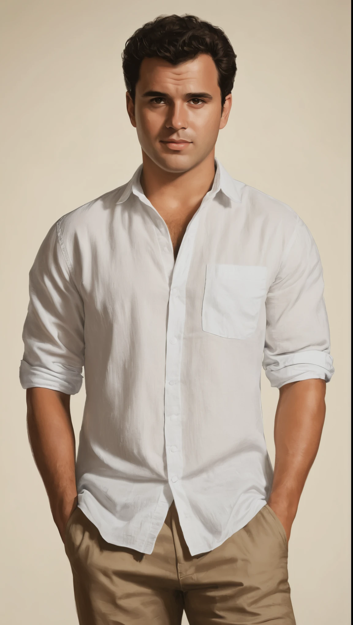 An illustrated movie poster, hand-drawn, full color, a man, 28 years-old, wearing a linen shirt and chinos, sun-tanned skin, stocky physique, soft belly, slightly chubby, deep brown eyes, wide bulbous nose, full lips, black hair, curly quiff, thick bushy eyebrows, extremely hairy chest, stomach, and arms, lots of body hair, posing on a pedestal, hard shadows, graphite shading, stencil markings, airbrushed acrylic paint, masterpiece