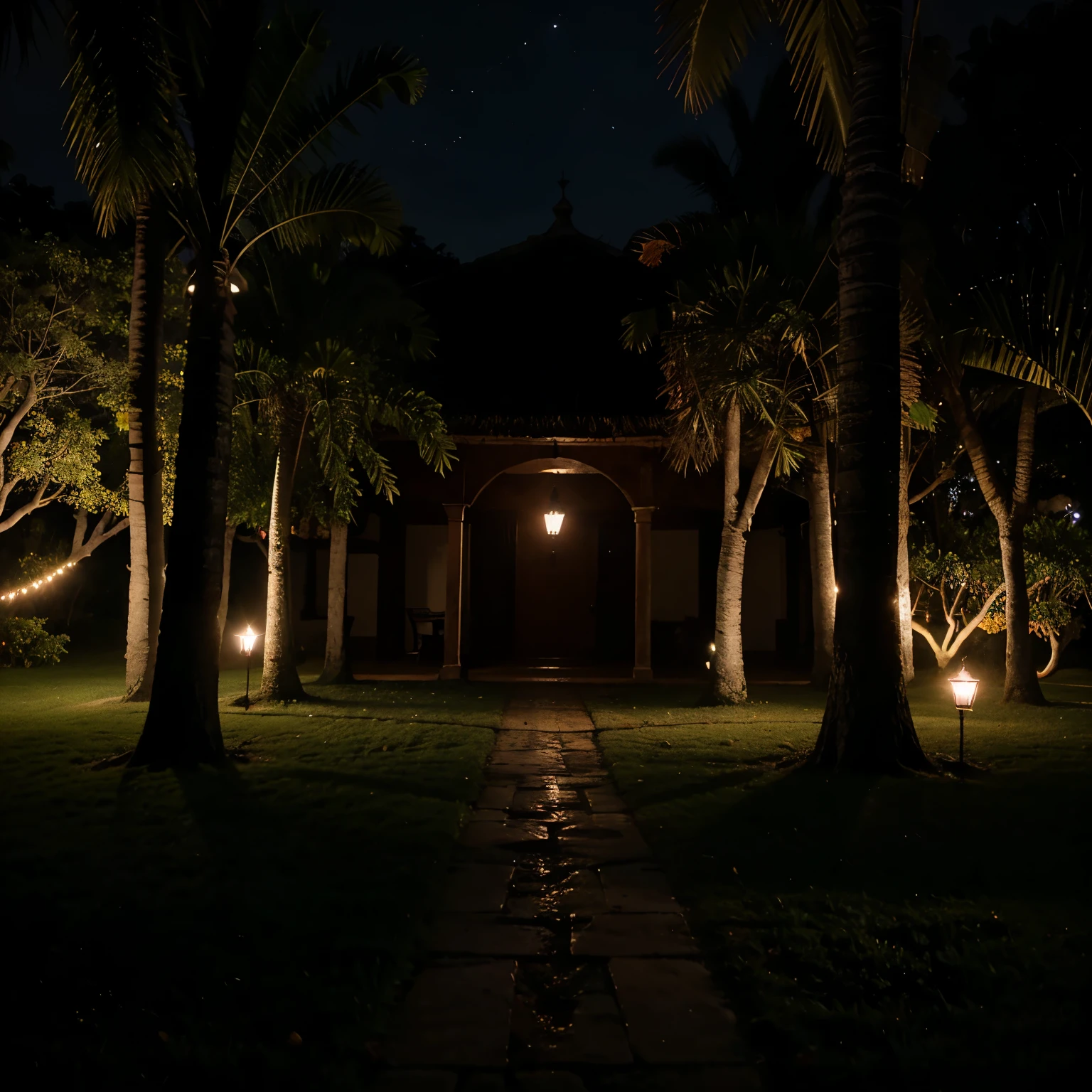 Casa de campo, em meio a um milharal de noite. Luz vermelha saindo das janelas, atmosfera de pesadelo.