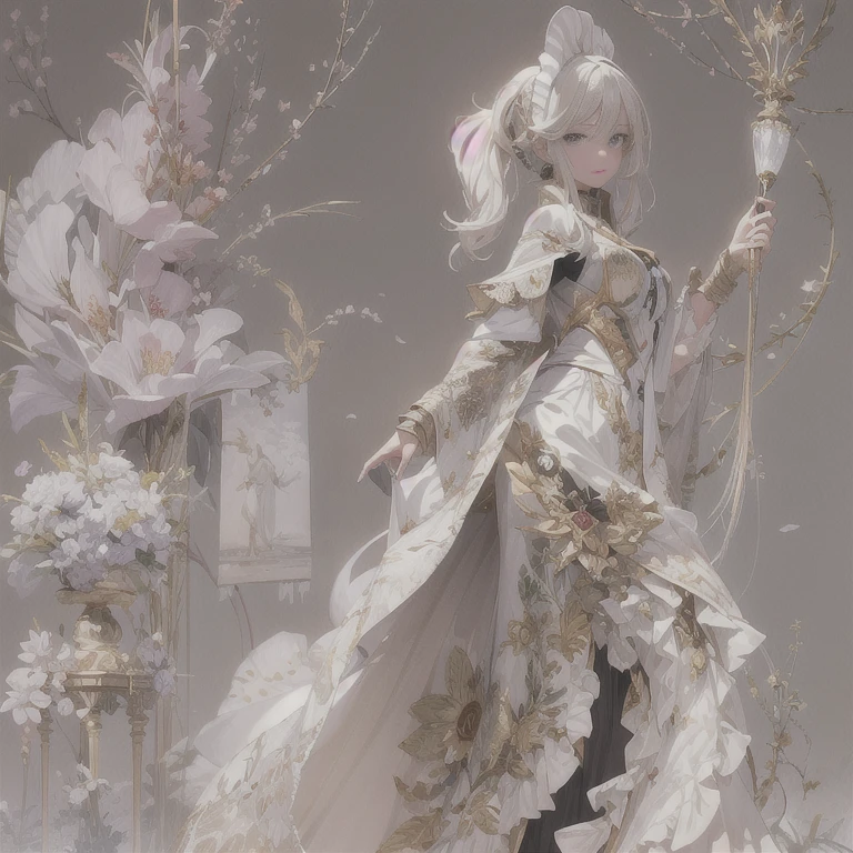 ((chef-d'artwork, la plus haute qualité)), Detailed face, Feuille de conception de personnages, corps entieresbienne, full of details, Plusieurs poses et expressions, Very detailed, profondeur, Beaucoup de filles d'arts partiels,couleurs blanches,tient une lance,double queue de cheval,style fantastique,surrounded by flames,Extremely beautiful,High Balance, natural light, dentelle,dentellecollants,ondulation de l'eau,L'eau ondule