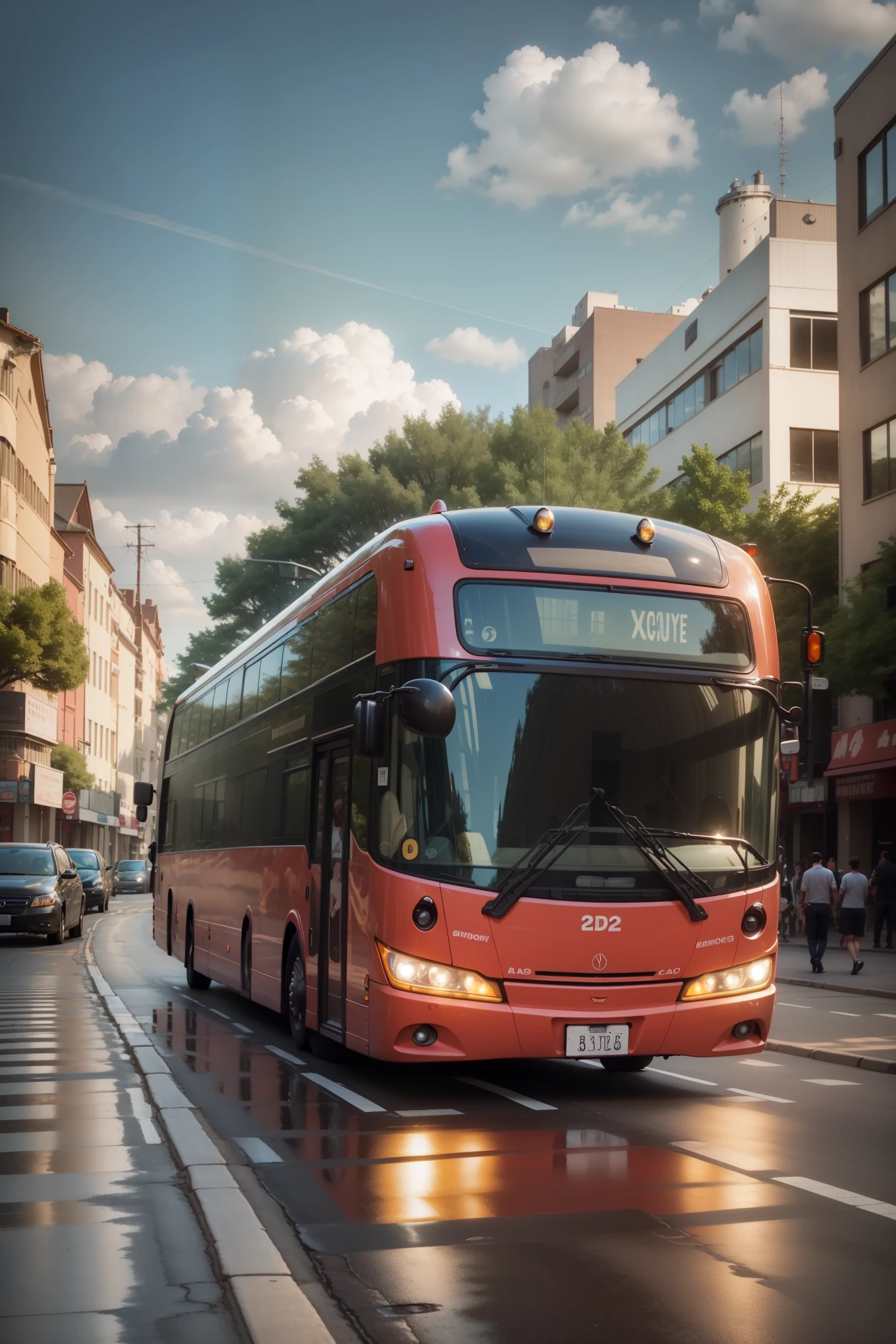 A cat-shaped bus, in 3D, contemporary and sleek with feline curves, its headlights acting as the cat's eyes, the windshield a reflective feline gaze. The bus's body gleams under the sun, and as it travels down the road, it resembles a giant and playful felinesque creature, snaking through traffic with ease and grace. --s2