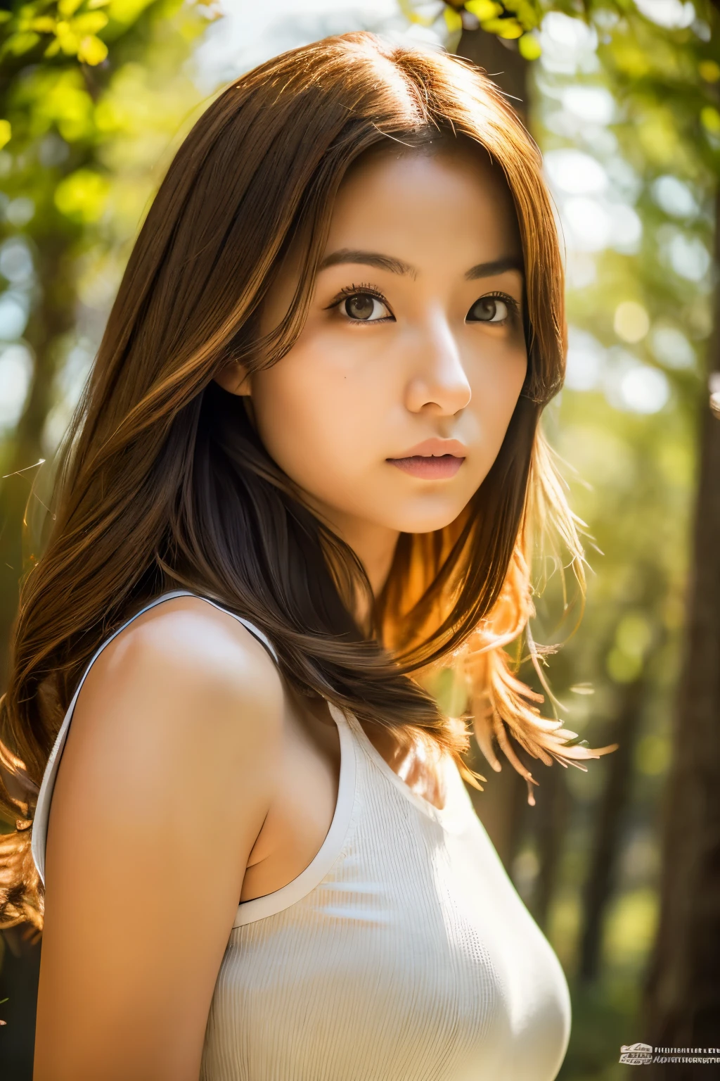 (dense woods: 1), the golden hour, Light brown eyes, Skinny Japanese woman, 1 woman, Light clothing, (Photorealistic), (Complex Detail: 1.2), (masterpiece, :1.3), (high quality: 1.4), (Ultra High Resolution: 1.2), (detailed eyes), (detailed facial features), Strong sunlight, 8K, (Lens Flare: 0.7), turned around, Feminine pose, Upper body, Tight waistline