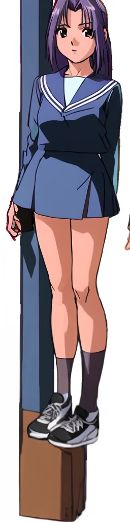 Momoko Koigakubo, a tall woman with beautiful legs, is standing in a dark blue sailor uniform with a mini skirt.。