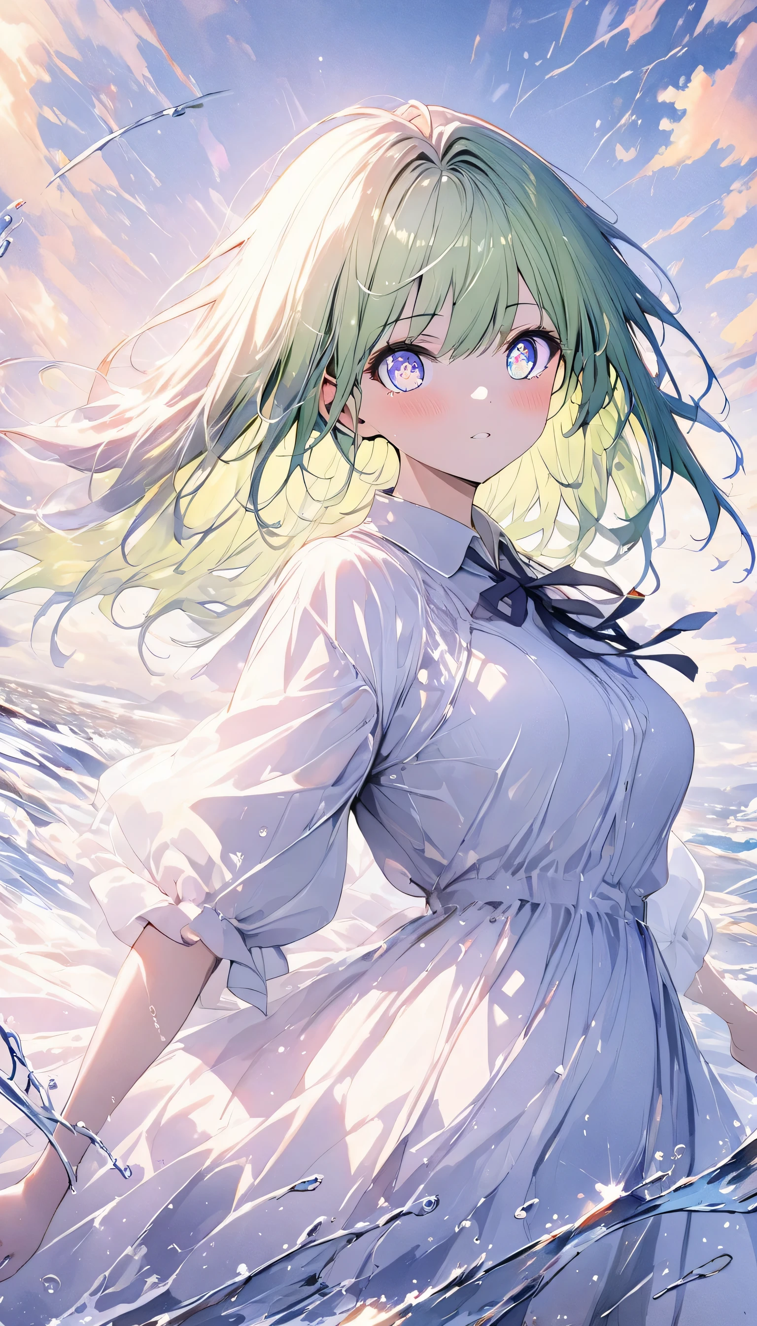 (highest quality、masterpiece、High resolution、detailed:1.5),(Shining eyes、detailed beautiful face)、(1 girl),(dynamic pose),(multicoloredhead+silver hair:1.3+redhead:1.2+purple hair+yellow hair:1.3+green hair:1.3),(blue eyes),(neck ribbon),(floating),(cloud),(Too many droplets of water),(twilight),(watercolor),(wide shot)、beautiful anime