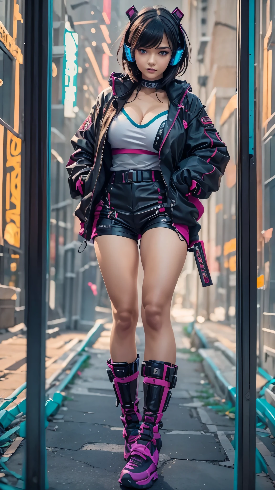 1girl, cyberpunk, (full body:1.1), thighhighs, cleavage, perfect eyes, perfect face, kuvshinov, (gradient background:1.2),