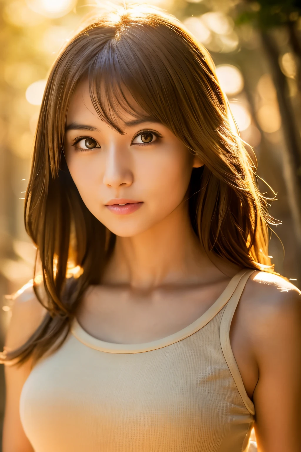 (dense woods: 1), the golden hour, Light brown eyes, Skinny Japanese woman, 1 woman, cute face, Light clothing, (Photorealistic), (Complex Detail: 1.2), (masterpiece, :1.3), (high quality: 1.4), (Ultra High Resolution: 1.2), (detailed eyes), (detailed facial features), Strong sunlight, 8K, (Lens Flare: 0.7), turned around, Feminine pose, Upper body, Tight waistline