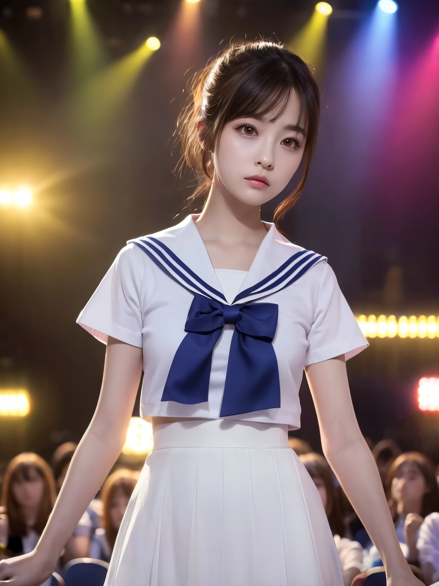 White base with purple-red sailor suit、tulle skirt、23 years old, Performing on an empty stage, concert photos, cute core、(bob hair)、(((watching the audience)))、ribbon on head、(自然でdetailed face立ち、beautiful and detailed eyes、beautiful and dense lips、very detailed eyes、detailed face、long eyelashes)(8K resolution)、High resolution、masterpiece:1.2 )、Super detailed、(real、photorealistic、photorealistic: 1.37)、8K、fantastic lighting、bright colors、standing position