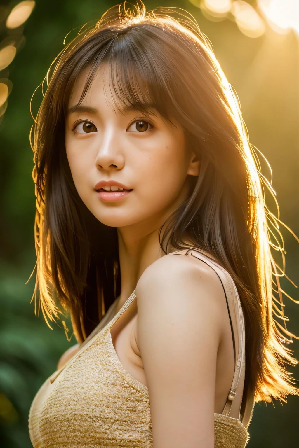 (dense woods: 1), the golden hour, Light brown eyes, Skinny Japanese woman, 1 woman, cute face, Light clothing, (Photorealistic), (Complex Detail: 1.2), (masterpiece, :1.3), (high quality: 1.4), (Ultra High Resolution: 1.2), (detailed eyes), (detailed facial features), Strong sunlight, 8K, (Lens Flare: 0.7), turned around, Feminine pose, Upper body, Tight waistline