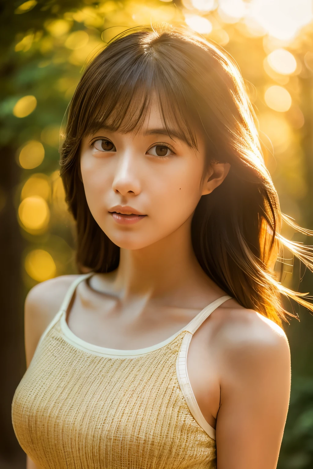 (dense woods: 1), the golden hour, Light brown eyes, Skinny Japanese woman, 1 woman, cute face, Light clothing, (Photorealistic), (Complex Detail: 1.2), (masterpiece, :1.3), (high quality: 1.4), (Ultra High Resolution: 1.2), (detailed eyes), (detailed facial features), Strong sunlight, 8K, (Lens Flare: 0.7), turned around, Feminine pose, Upper body, Tight waistline