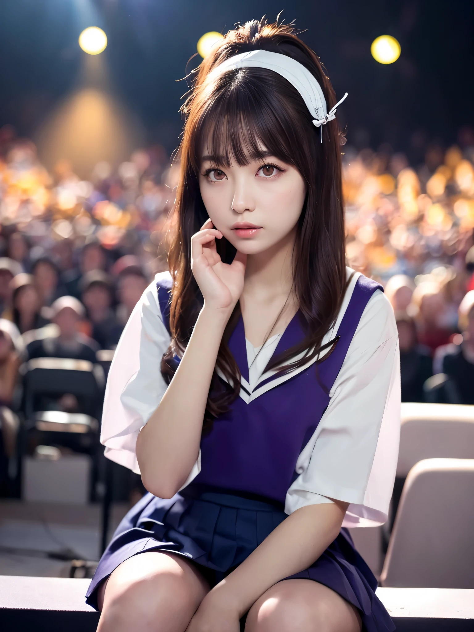 White base with purple-red sailor suit、tulle skirt、23 years old, Performing on an empty stage, concert photos, cute core、(bob hair)、(((watching the audience)))、ribbon on head、(自然でdetailed face立ち、beautiful and detailed eyes、beautiful and dense lips、very detailed eyes、detailed face、long eyelashes)(8K resolution)、High resolution、masterpiece:1.2 )、Super detailed、(real、photorealistic、photorealistic: 1.37)、8K、fantastic lighting、bright colors、sitting posture