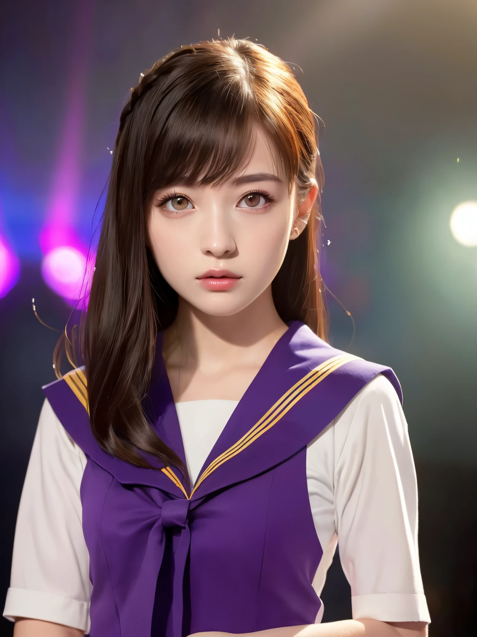 White base with purple-red sailor suit、tulle skirt、23 years old, Performing on an empty stage, concert photos, cute core、(bob hair)、(((watching the audience)))、ribbon on head、（自然でdetailed face立ち、beautiful and detailed eyes、beautiful and dense lips、very detailed eyes、detailed face、long eyelashes）（8K resolution）、High resolution、masterpiece：1.2 )、Super detailed、(real、photorealistic、photorealistic: 1.37)、8K、fantastic lighting、bright colors、standing position