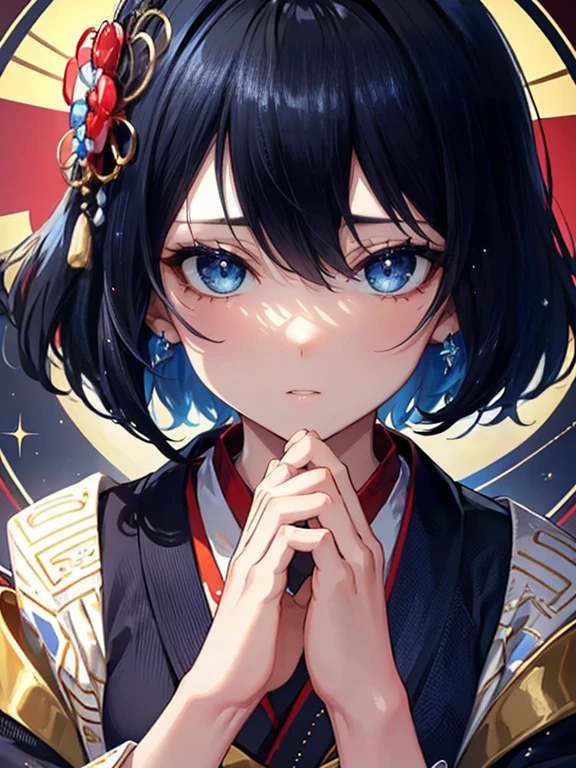 A (masterpiece, of the highest quality, ultra-detailed), featuring a beautiful girl with short black and navy hair, finely sculpted facial features, blue eyes, and fair skin, adorned in a traditional Japanese kimono, with sparkling eyes, ((tears)), in a praying pose with hands clasped.