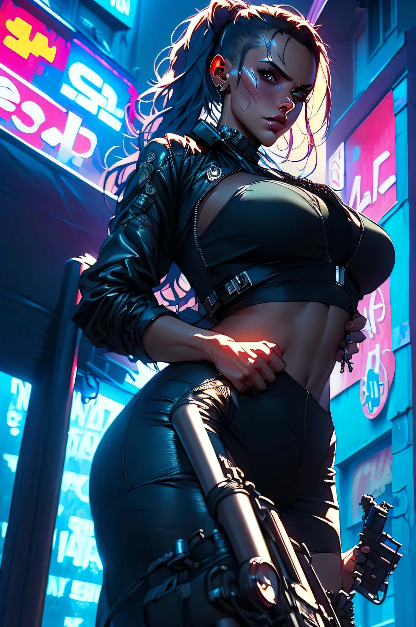 ((best quality)), ((masterpiece)), (very detailed body and face:1.3), 3D, Beautiful (cyberpunk:1.3) Beautiful woman with wavy hair and voluminous modern style VERY DETAILED AND BRIGHT,((with weapons in his hands) ), (((futuristic Mad Max movie style background))), (((pink and cyan neon lights at night))), night image, at night, 32k