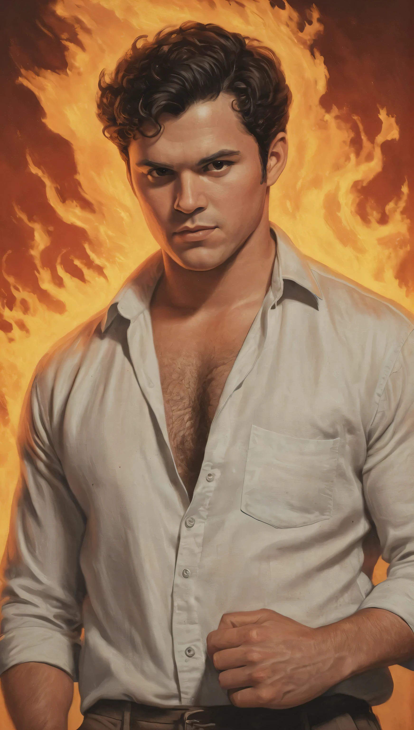 An illustrated movie poster, hand-drawn, full color, a male demon, 28 years-old, wearing a linen shirt and chinos, reddish skin, stocky physique, soft belly, slightly chubby, deep brown eyes, wide bulbous nose, full lips, devil horns, black hair, curly quiff, thick bushy eyebrows, extremely hairy chest, stomach, and arms, lots of body hair, surrounded by fire, hard shadows, graphite shading, stencil markings, airbrushed acrylic paint, masterpiece