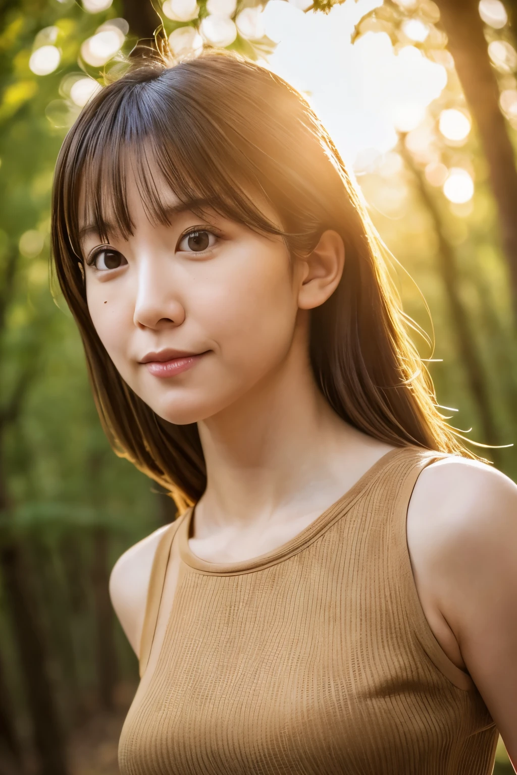 (dense woods: 1), the golden hour, Light brown eyes, Skinny Japanese woman, 1 woman, cute face, Light clothing, (Photorealistic), (Complex Detail: 1.2), (masterpiece, :1.3), (high quality: 1.4), (Ultra High Resolution: 1.2), (detailed eyes), (detailed facial features), Strong sunlight, 8K, (Lens Flare: 0.7), turned around, Feminine pose, Upper body, Tight waistline