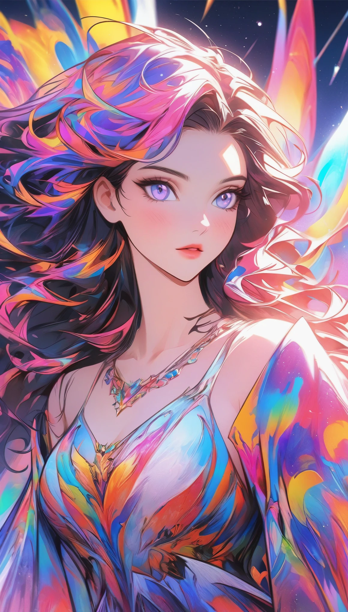 Close-up of a woman with colorful hair and necklace, anime girl with space hair, Ross brings out a soft vibrancy, Gouviz style artwork, fantasy art style, colorful], vivid fantasy style, Ross&#39;s vibrant comics, cosmic and colorful, Gweiz, colorful digital fantasy art, great art style, beautiful anime style, shining hair