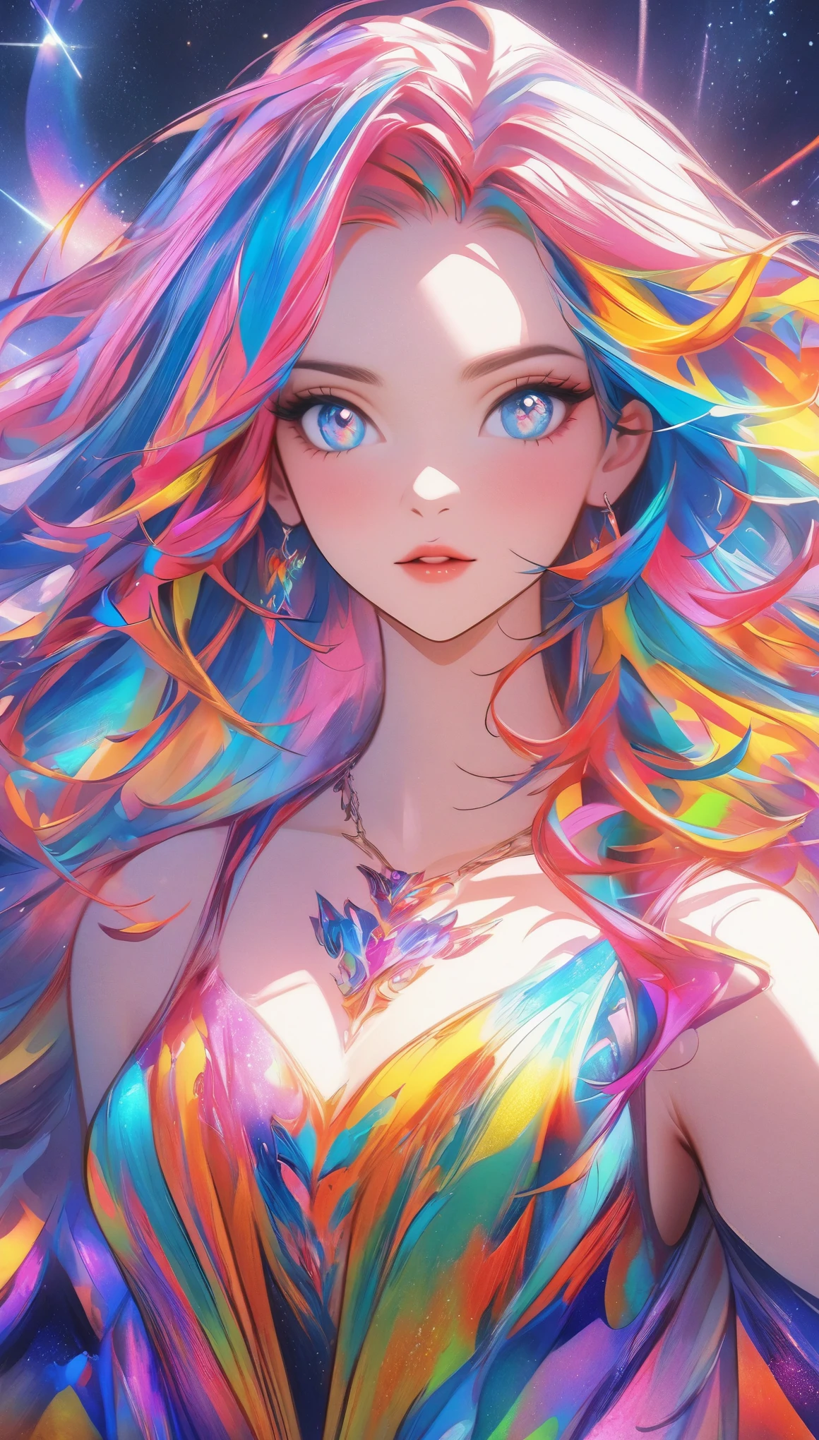 Close-up of a woman with colorful hair and necklace, anime girl with space hair, Ross brings out a soft vibrancy, Gouviz style artwork, fantasy art style, colorful], vivid fantasy style, Ross&#39;s vibrant comics, cosmic and colorful, Gweiz, colorful digital fantasy art, great art style, beautiful anime style, shining hair