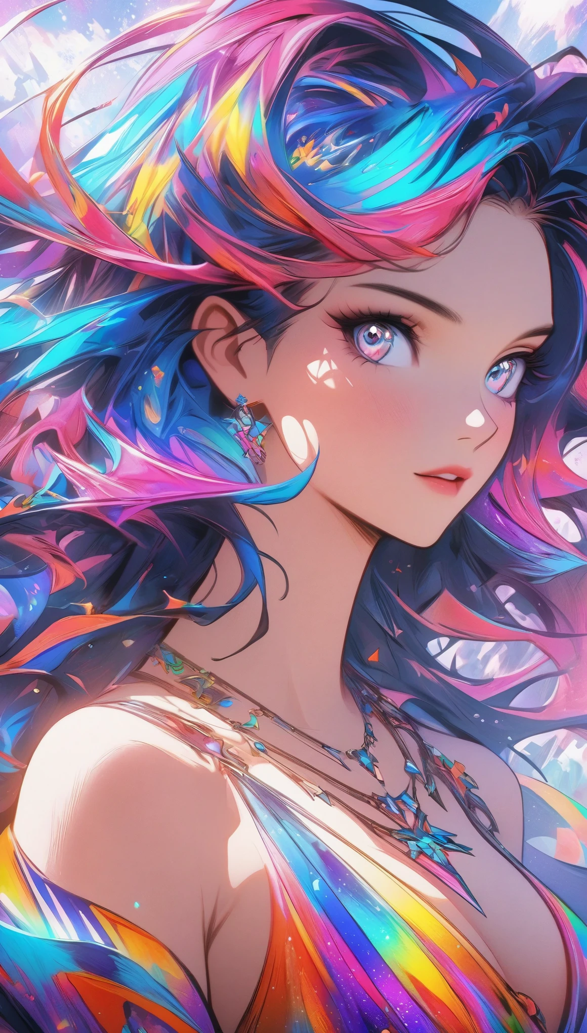 Close-up of a woman with colorful hair and necklace, anime girl with space hair, Ross brings out a soft vibrancy, Gouviz style artwork, fantasy art style, colorful], vivid fantasy style, Ross&#39;s vibrant comics, cosmic and colorful, Gweiz, colorful digital fantasy art, great art style, beautiful anime style, shining hair