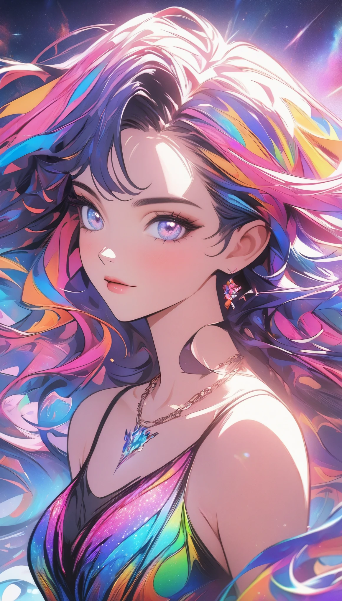 Close-up of a woman with colorful hair and necklace, anime girl with space hair, Ross brings out a soft vibrancy, Gouviz style artwork, fantasy art style, colorful], vivid fantasy style, Ross&#39;s vibrant comics, cosmic and colorful, Gweiz, colorful digital fantasy art, great art style, beautiful anime style, shining hair