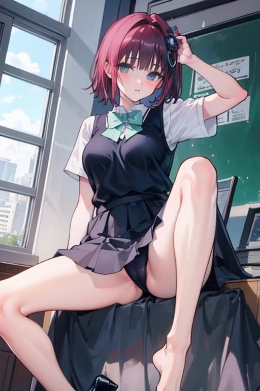 ((best quality)), ((masterpiece)), (detailed), perfect face anime
#anime character #Overall view #black high heels #barefoot #school uniform #looking down at viewer #leg bondage #stretch your legs #show off breasts
