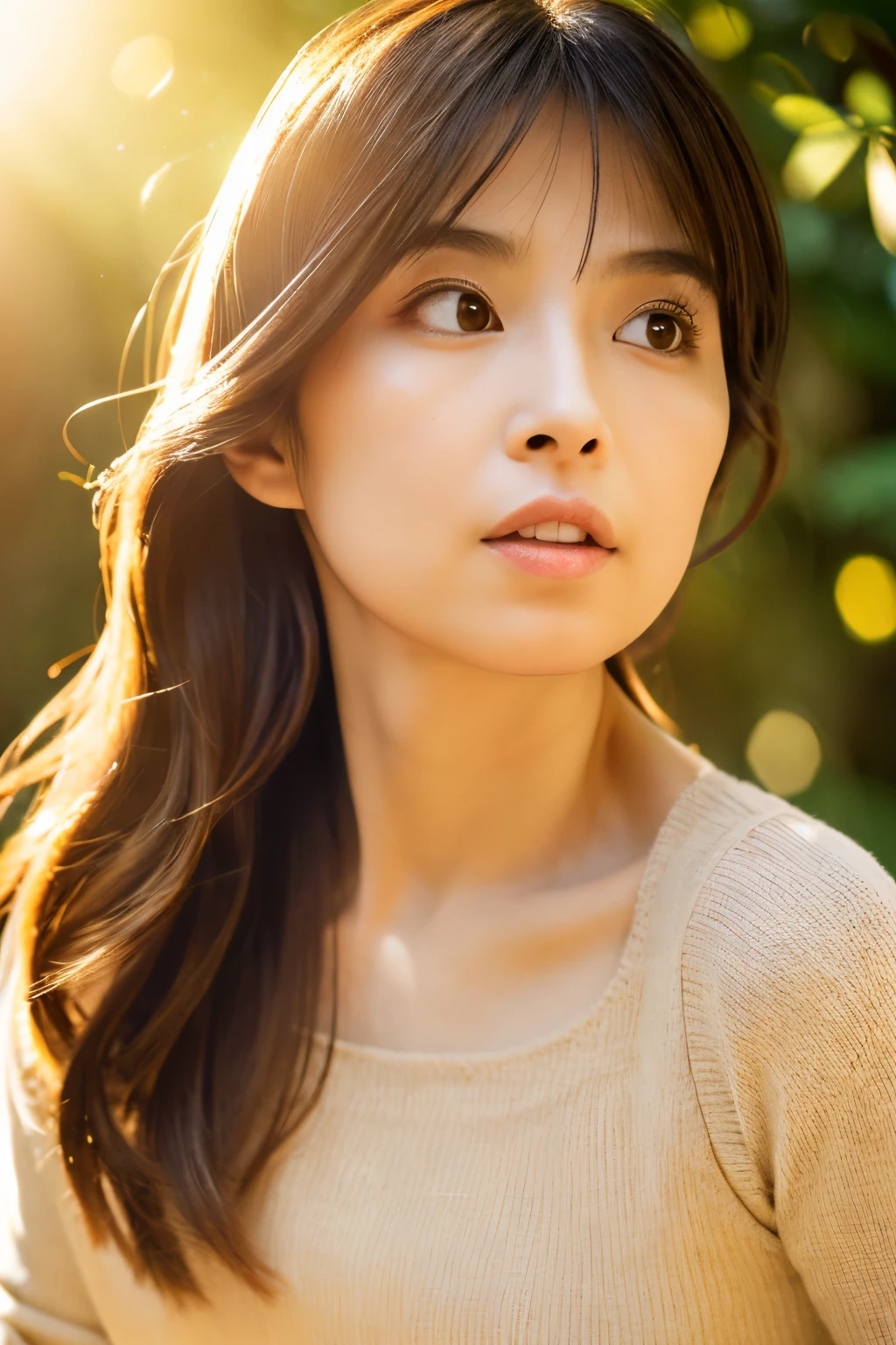 (dense woods: 1), the golden hour, Light brown eyes, Skinny Japanese woman, 1 woman, cute face, Light clothing, (Photorealistic), (Complex Detail: 1.2), (masterpiece, :1.3), (high quality: 1.4), (Ultra High Resolution: 1.2), (detailed eyes), (detailed facial features), Strong sunlight, 8K, (Lens Flare: 0.7), turned around, Feminine pose, Upper body, Tight waistline