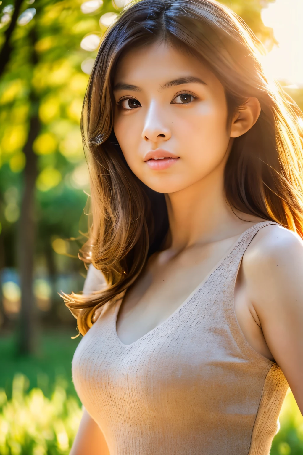 (dense woods: 1), the golden hour, Light brown eyes, Skinny Japanese woman, 1 woman, cute face, Light clothing, (Photorealistic), (Complex Detail: 1.2), (masterpiece, :1.3), (high quality: 1.4), (Ultra High Resolution: 1.2), (detailed eyes), (detailed facial features), Strong sunlight, 8K, (Lens Flare: 0.7), turned around, Feminine pose, Upper body, Tight waistline