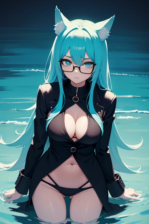 hot girl, beautiful long cyan hair, wearing glasses, cyan eyes, sexy black bikini, big but medium breasts,  a black jacket no panties, wolf ears, at a lake